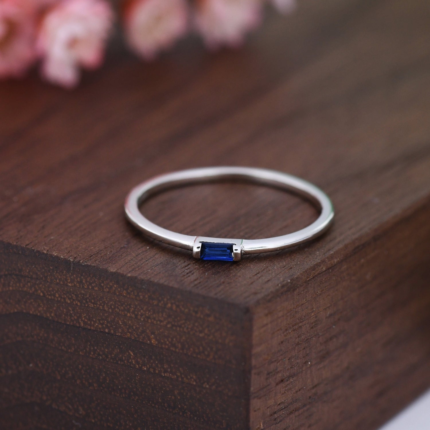 Sapphire Blue Tiny Baguette CZ Ring in Sterling Silver, Silver or Gold, Minimalist 2x4mm Single Baguette CZ Ring US 5 - 8
