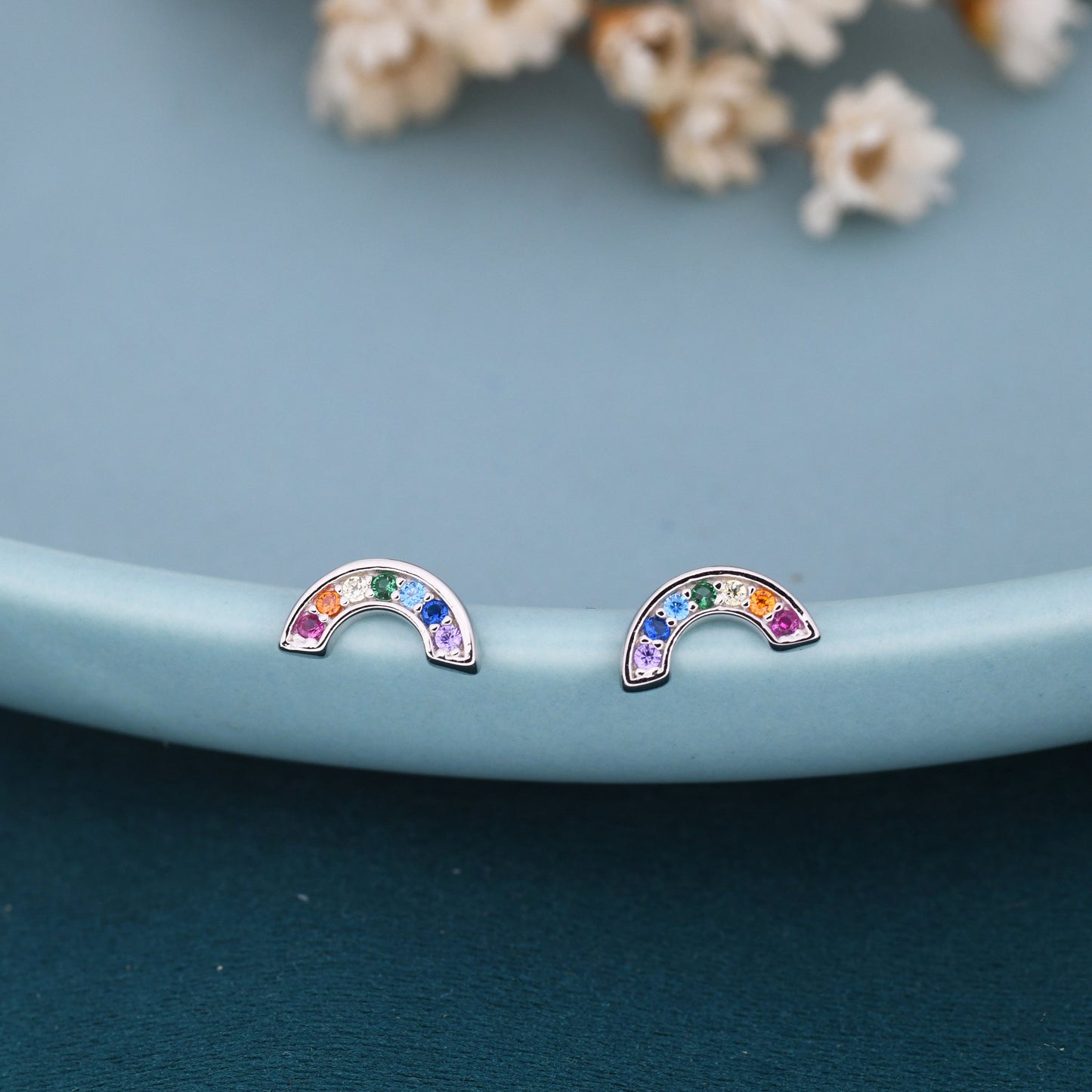 Sterling Silver CZ Crystal Rainbow Stud Earrings, Gold and Silver, Cute and Quirky Jewellery