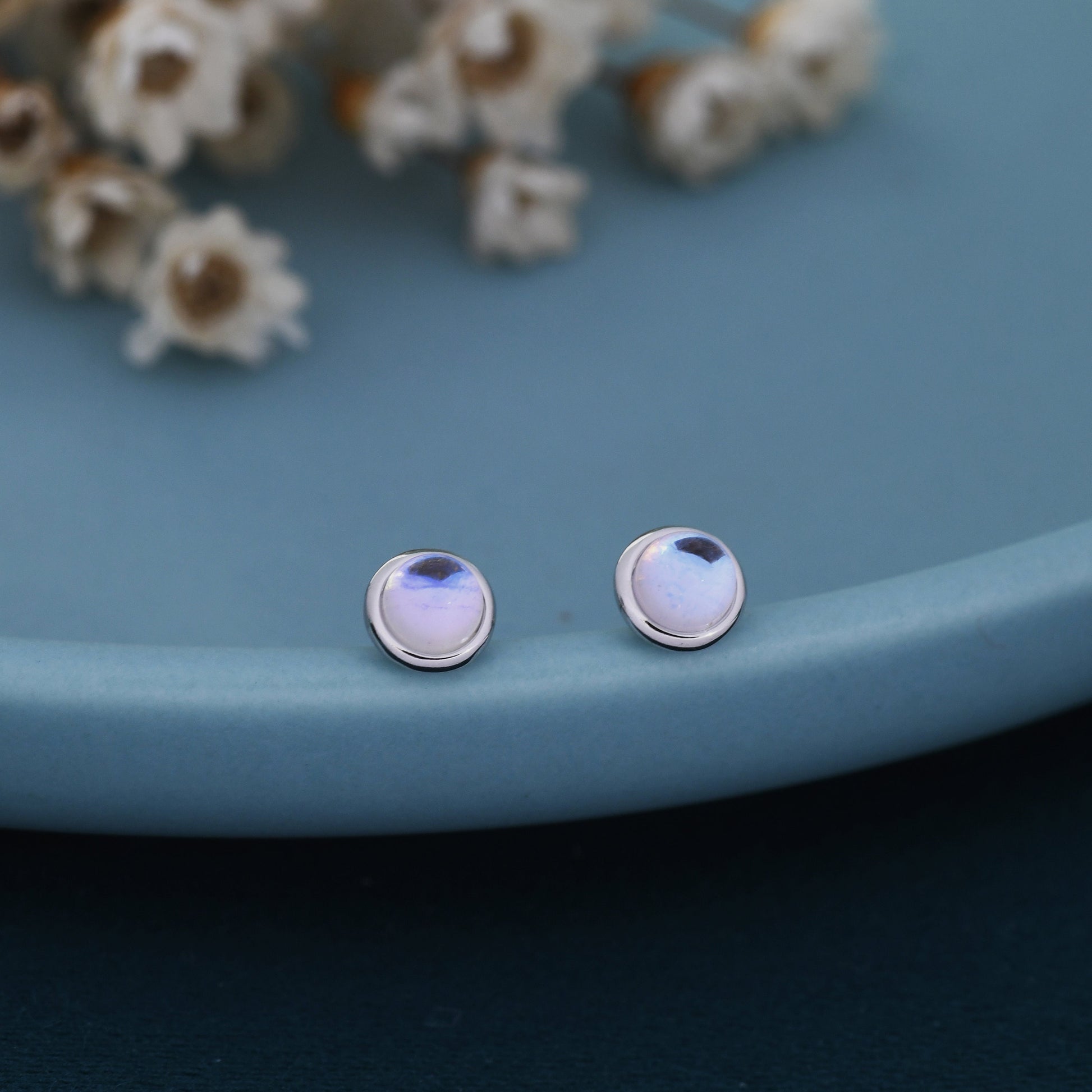 Sterling Silver Moonstone Stud Earrings, Gold or Silver, 4mm Simulated Moonstone Crystal Earrings, Minimalist