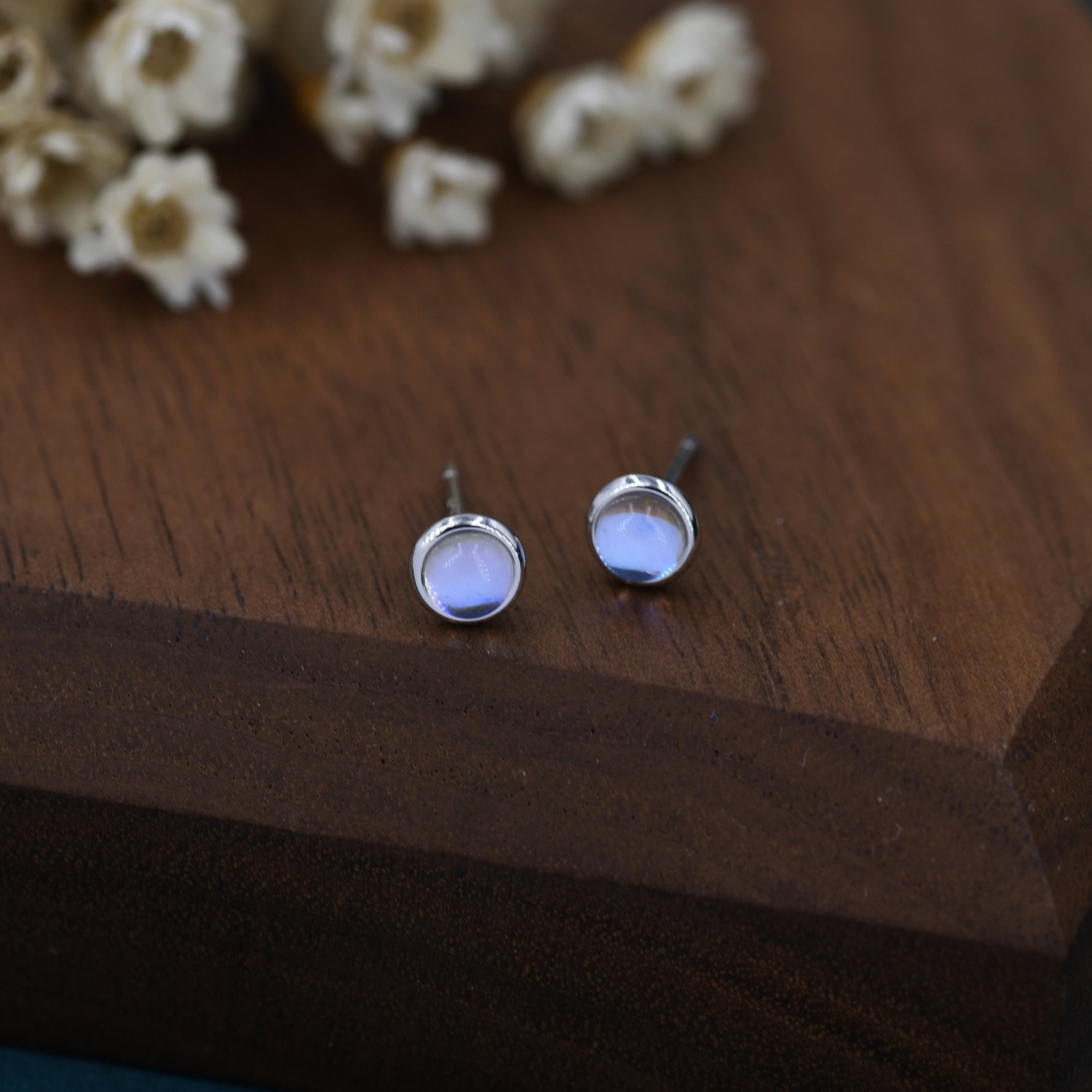 Sterling Silver Moonstone Stud Earrings, Gold or Silver, 4mm Simulated Moonstone Crystal Earrings, Minimalist