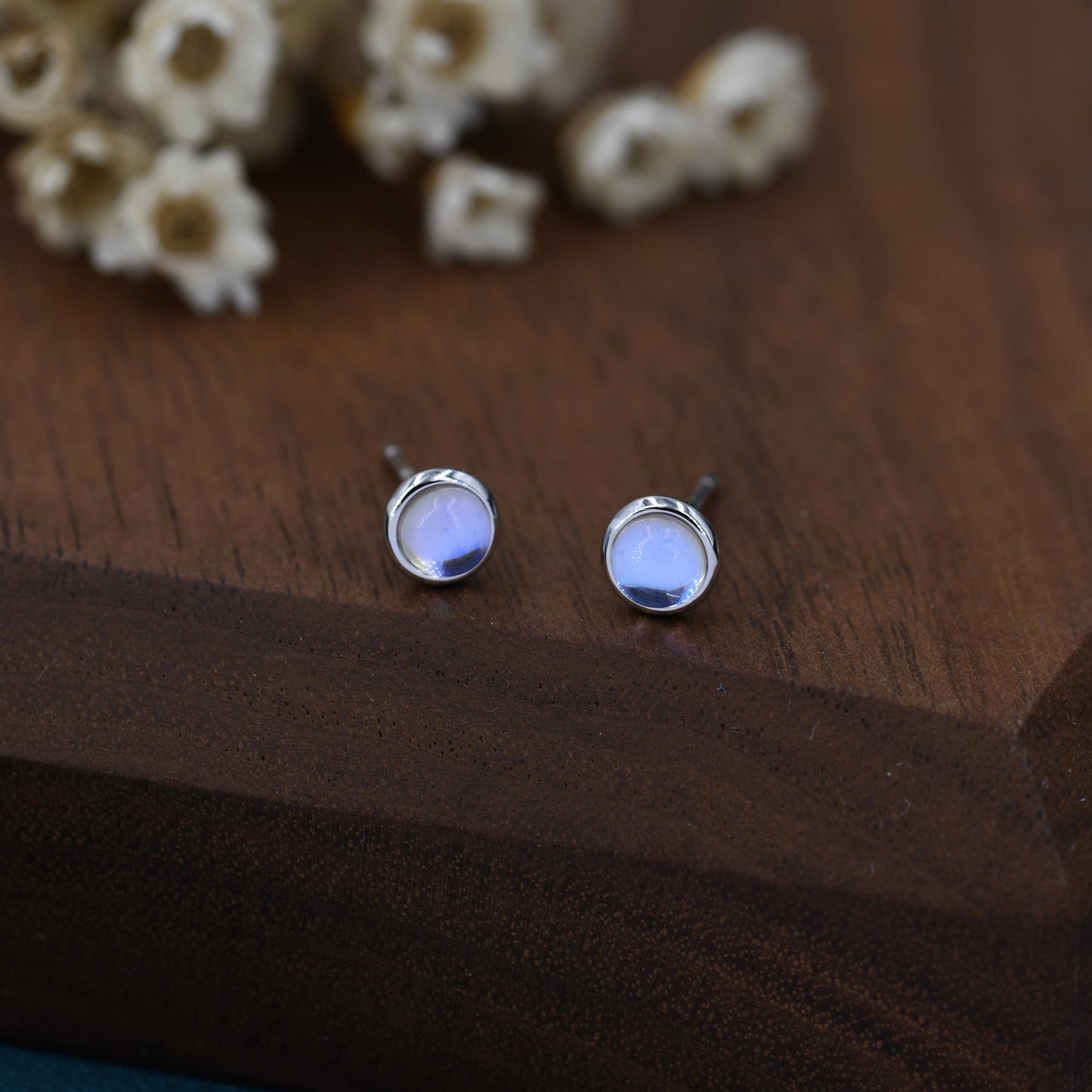 Sterling Silver Moonstone Stud Earrings, Gold or Silver, 4mm Simulated Moonstone Crystal Earrings, Minimalist