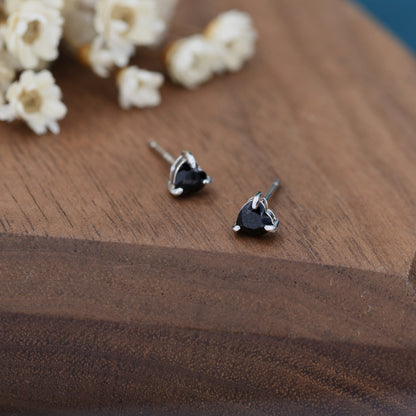 Genuine Black Onyx Crystal Heart Stud Earrings in Sterling Silver, 4mm Stone, Heart Stud Earrings, Tiny Heart Earrings