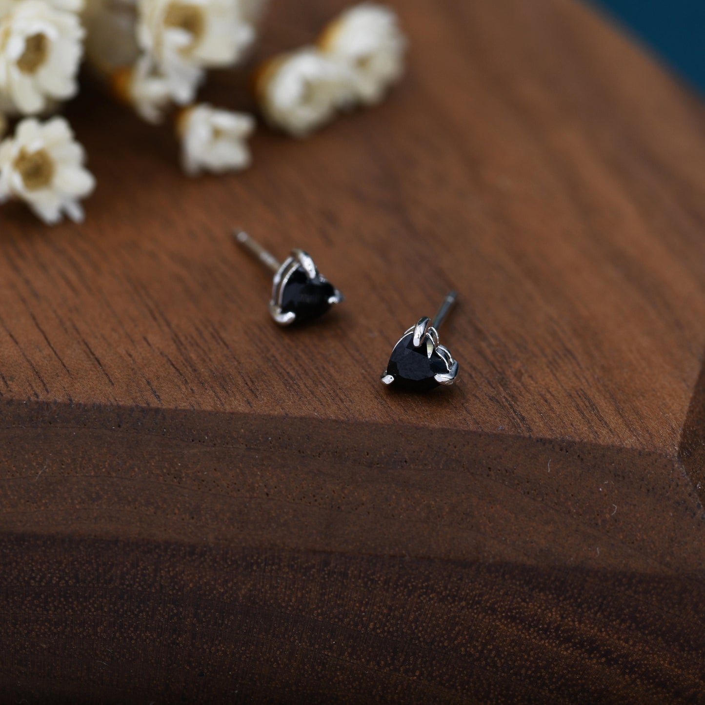 Genuine Black Onyx Crystal Heart Stud Earrings in Sterling Silver, 4mm Stone, Heart Stud Earrings, Tiny Heart Earrings