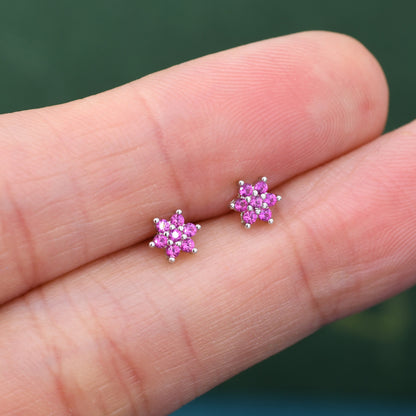 Pair of Very Tiny Ruby Pink CZ Flower Stud Earrings in Sterling Silver, Silver or Gold, Crystal Flower Earrings, Stacking Earrings, Ruby Red