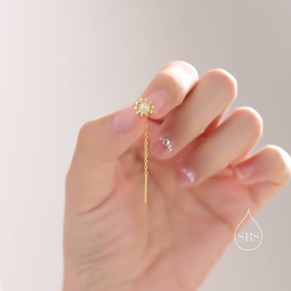 Sunflower Threader Earrings in Sterling Silver, Sunflower with Dangle Chain Earrings, Flower Chain Earrings