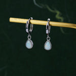 Sterling Silver Dangling Opal Droplet Hoop Earrings, Blue Opal or Fire Opal Charm Dangle Hoop Earrings, Silver or Gold