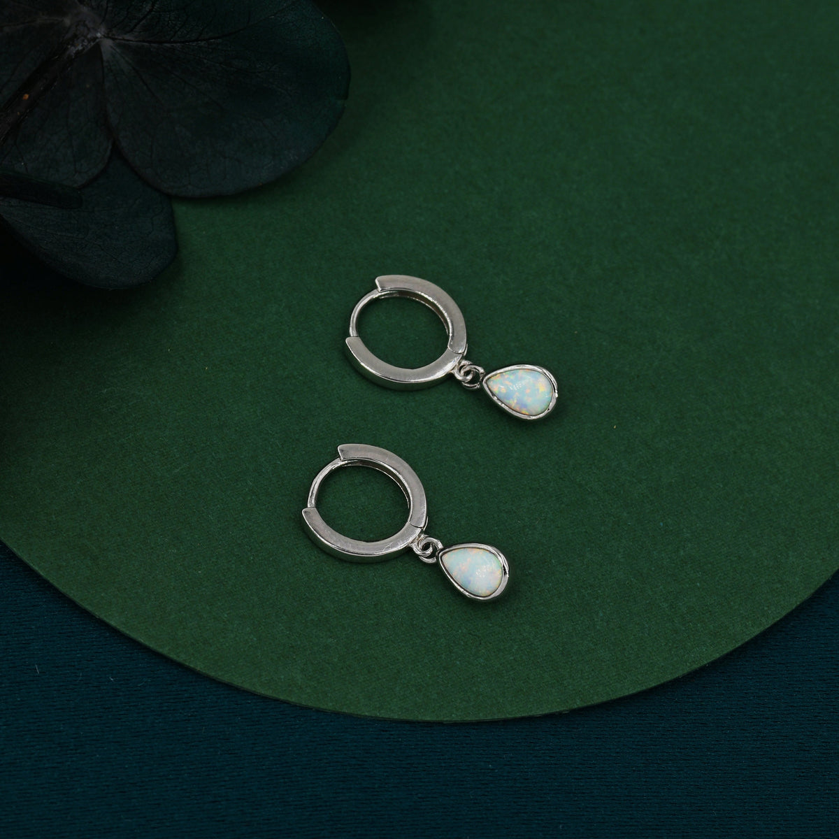 Sterling Silver Dangling Opal Droplet Hoop Earrings, Blue Opal or Fire Opal Charm Dangle Hoop Earrings, Silver or Gold