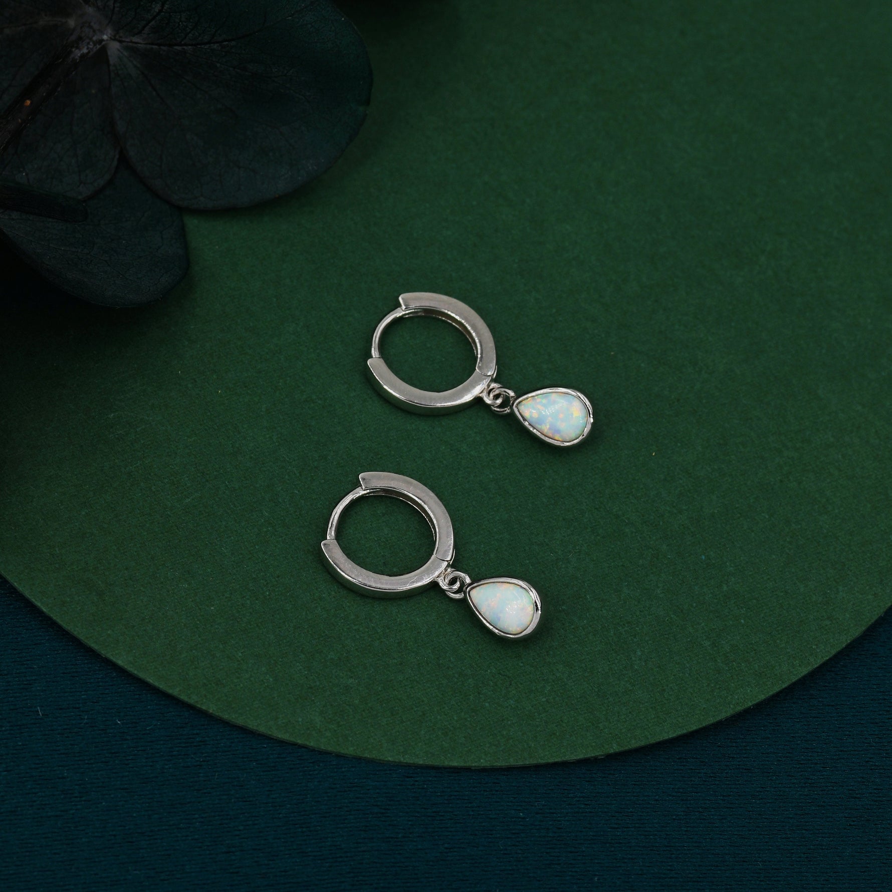 Sterling Silver Dangling Opal Droplet Hoop Earrings, Blue Opal or Fire Opal Charm Dangle Hoop Earrings, Silver or Gold
