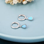 Sterling Silver Dangling Opal Droplet Hoop Earrings, Blue Opal or Fire Opal Charm Dangle Hoop Earrings, Silver or Gold