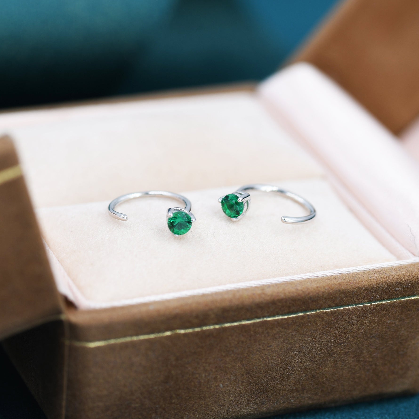 Emerald Green Crystal Huggie Hoop Threader Earrings in Sterling Silver, 3mm Three Prong, Gold or Silver, Pull Through Open Hoops
