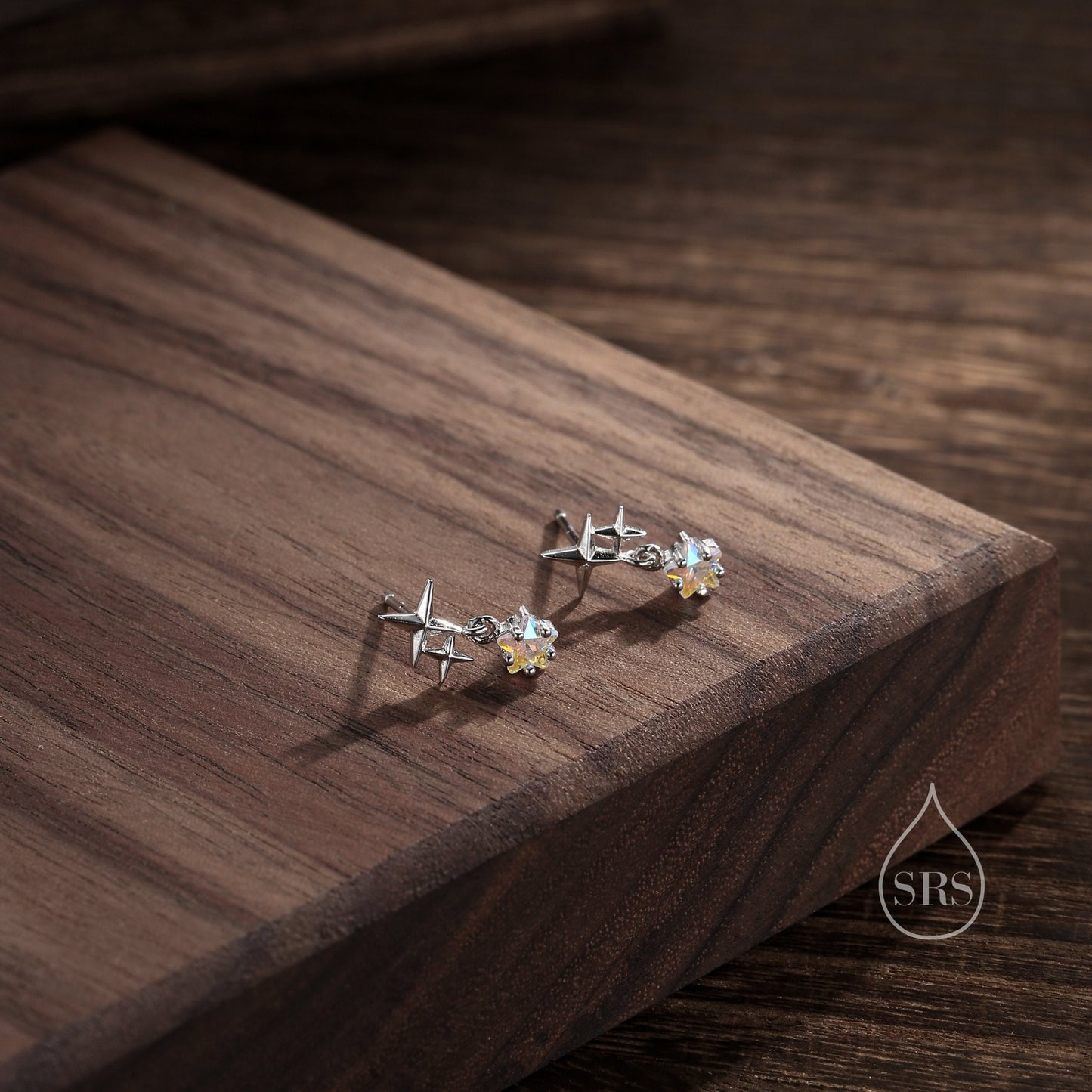 Tiny Star and Dangle CZ Stud Earrings in Sterling Silver, Silver or Gold, Aurora Star Earrings, Sunburst Earrings, Celestial