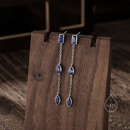 Sapphire Blue Marquise CZ Dangle Drop Stud Earrings in Sterling Silver, Silver or Gold, Pear Cut and Baguette Drop Earrings, Geometric CZ