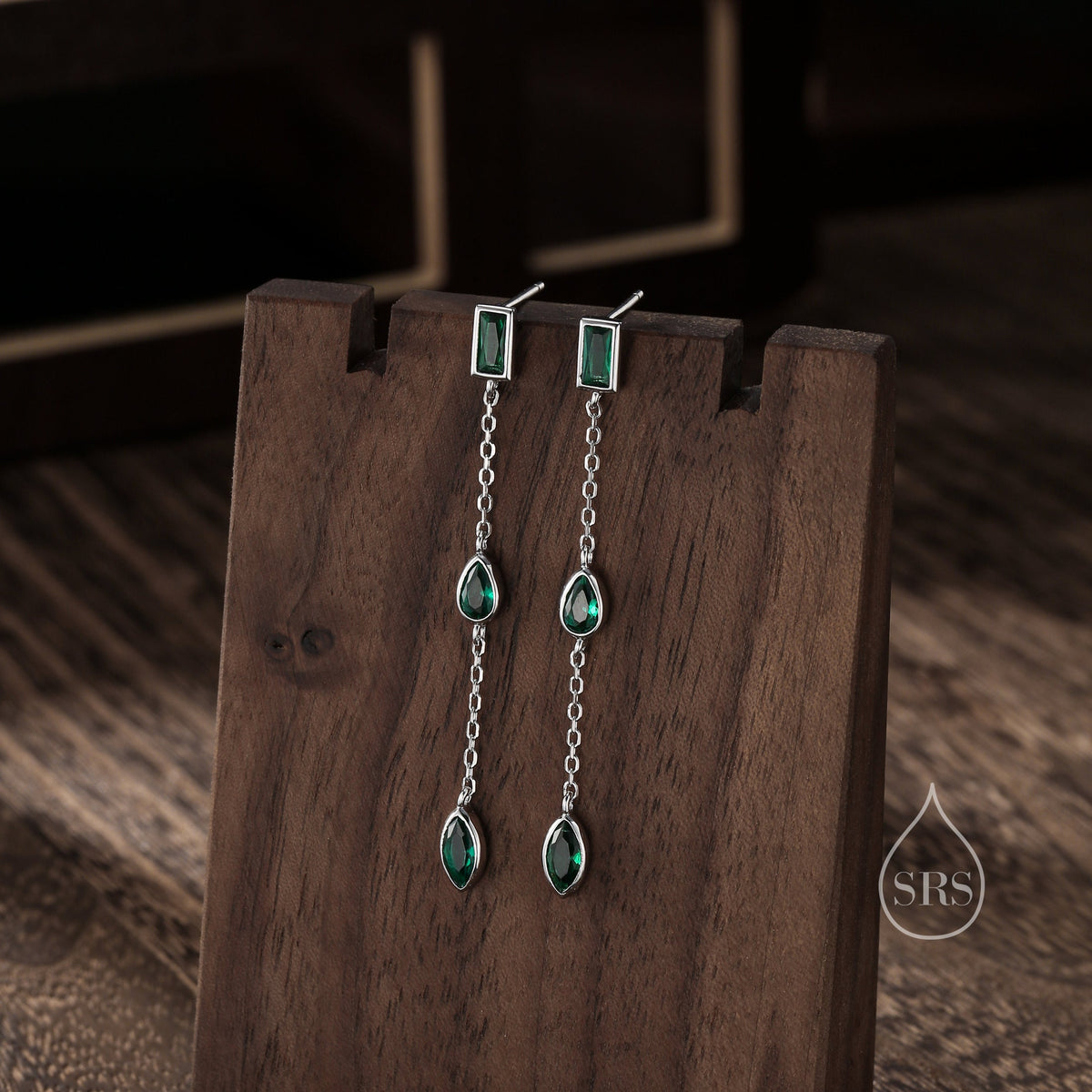 Emerald Green CZ Mismatched Marquise Dangle Drop Stud Earrings in Sterling Silver, Silver or Gold, Pear Cut and Baguette Drop Earrings