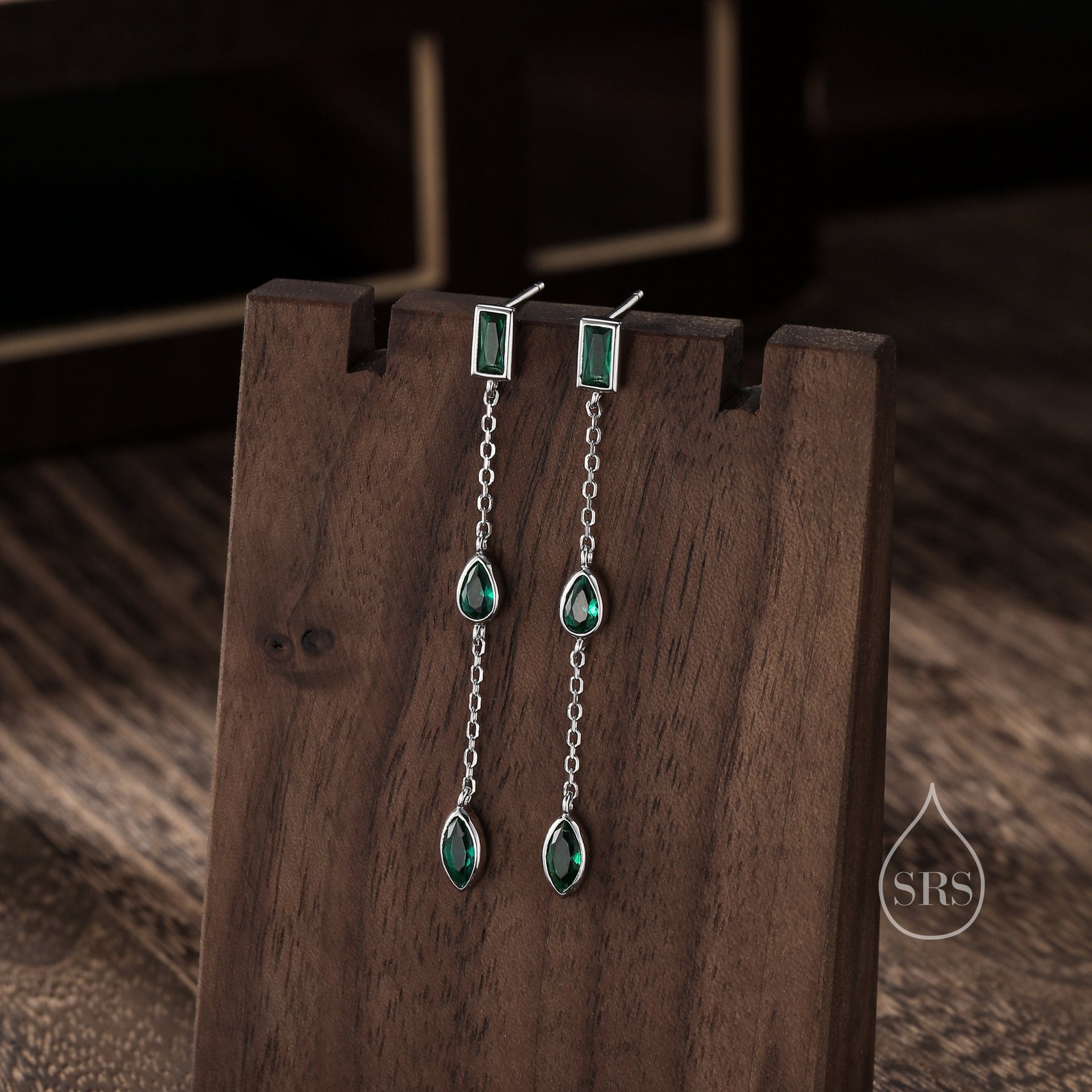 Emerald Green CZ Mismatched Marquise Dangle Drop Stud Earrings in Sterling Silver, Silver or Gold, Pear Cut and Baguette Drop Earrings