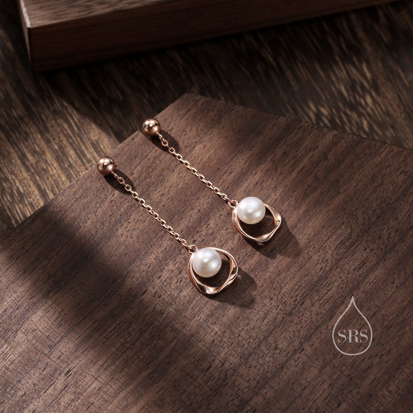 Genuine Freshwater Pearl and Mobius Circle Long Drop Earrings in Sterling Silver, Delicate Keshi Pearl Halo Earrings, Genuine Pearls