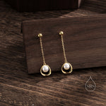 Genuine Freshwater Pearl and Mobius Circle Long Drop Earrings in Sterling Silver, Delicate Keshi Pearl Halo Earrings, Genuine Pearls