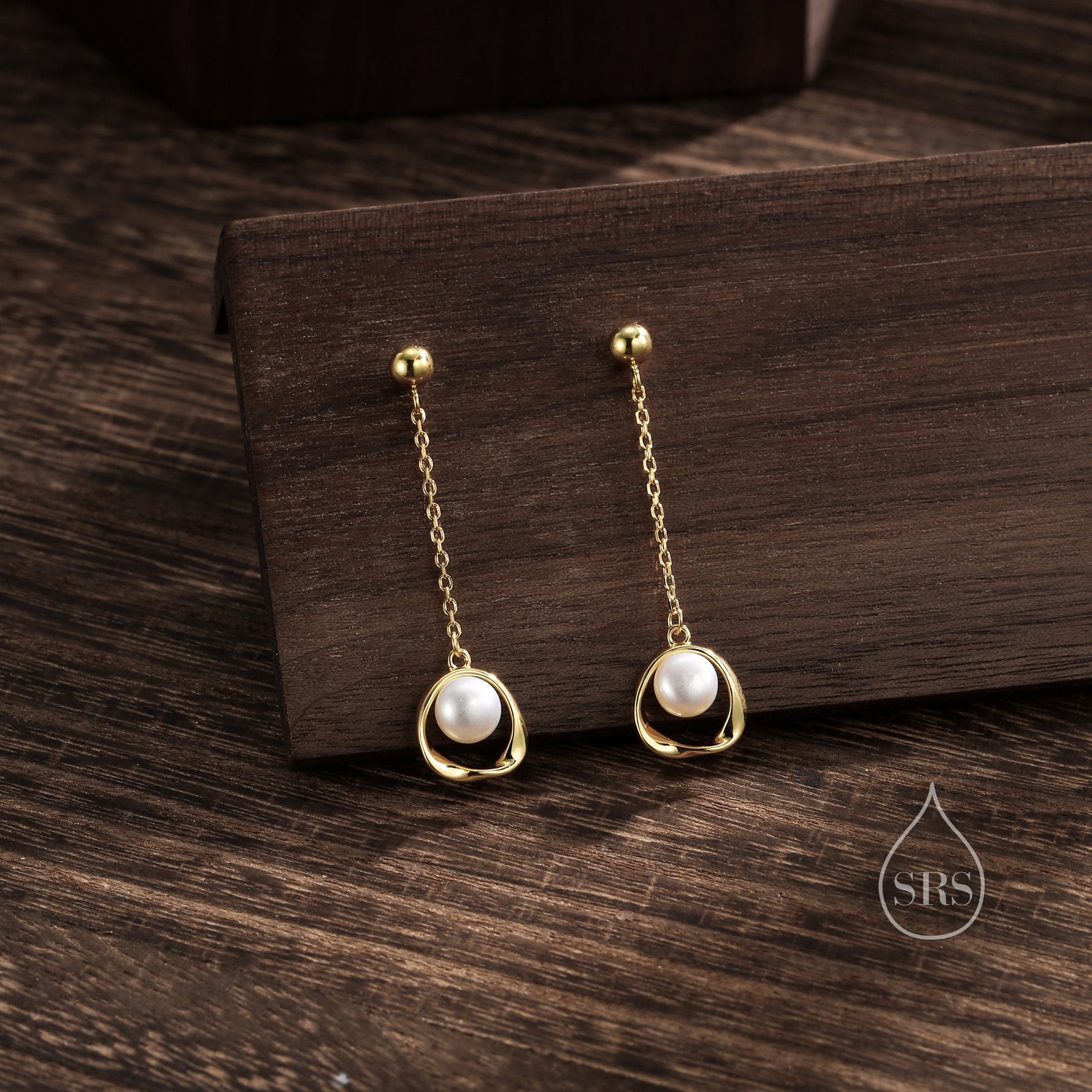 Genuine Freshwater Pearl and Mobius Circle Long Drop Earrings in Sterling Silver, Delicate Keshi Pearl Halo Earrings, Genuine Pearls