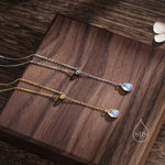 Delicate Moonstone Droplet Lariat Pendant Necklace in Sterling Silver, Silver or Gold, Minimalist Pear Shape Moonstone Adjustable Necklace