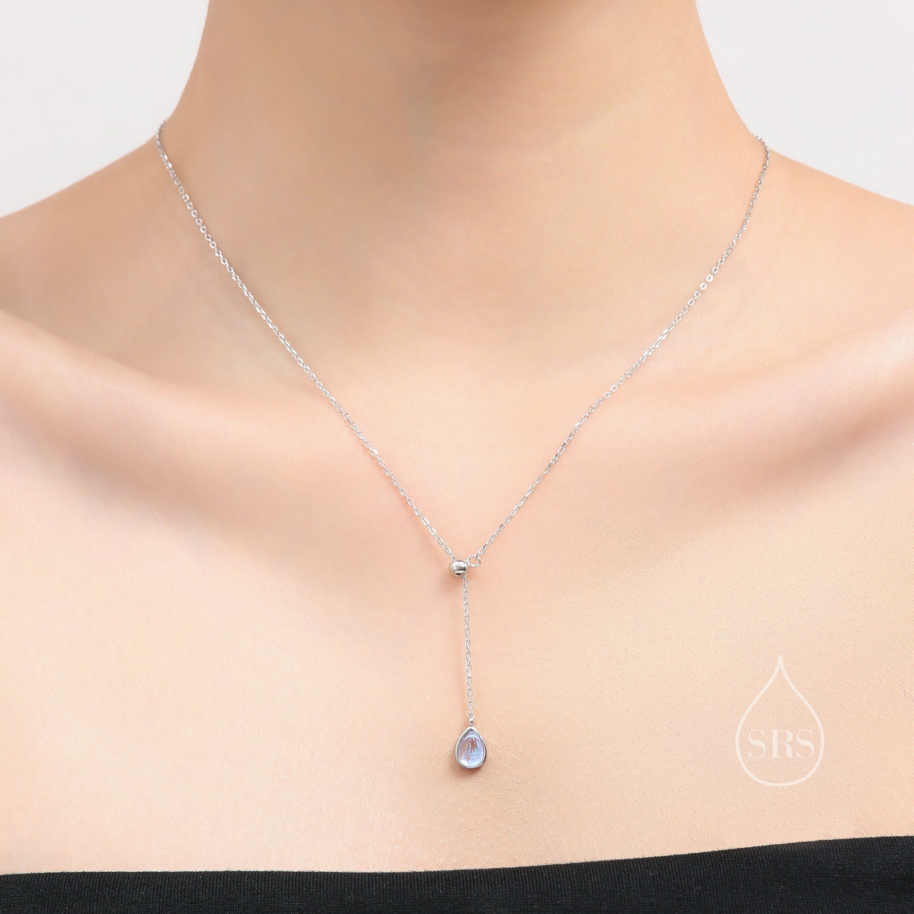 Delicate Moonstone Droplet Lariat Pendant Necklace in Sterling Silver, Silver or Gold, Minimalist Pear Shape Moonstone Adjustable Necklace