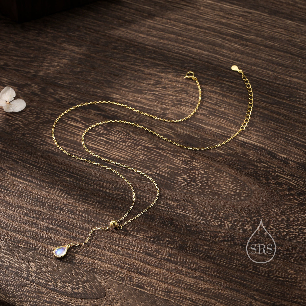 Delicate Moonstone Droplet Lariat Pendant Necklace in Sterling Silver, Silver or Gold, Minimalist Pear Shape Moonstone Adjustable Necklace