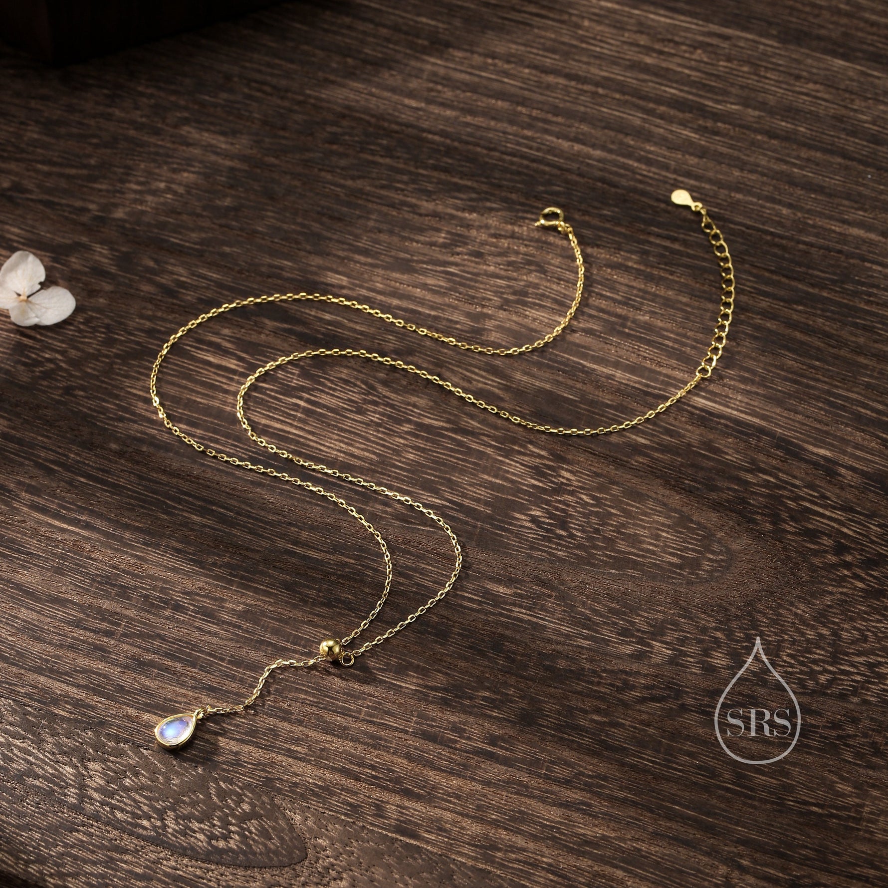 Delicate Moonstone Droplet Lariat Pendant Necklace in Sterling Silver, Silver or Gold, Minimalist Pear Shape Moonstone Adjustable Necklace