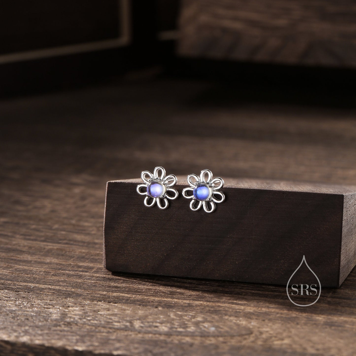 Moonstone Daisy Flower Stud Earrings in Sterling Silver, Silver or Gold, Lab Moonstone Daisy Earrings, Sterling Silver Daisy Flower Earrings