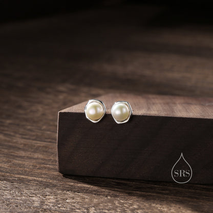 Genuine Freshwater Pearl and Irregular Circle Stud Earrings in Sterling Silver, Delicate Keshi Pearl Halo Earrings, Genuine Pearls