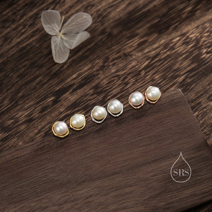 Genuine Freshwater Pearl and Irregular Circle Stud Earrings in Sterling Silver, Delicate Keshi Pearl Halo Earrings, Genuine Pearls