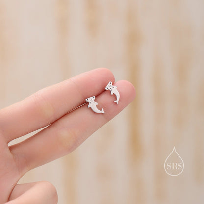 Kawaii Hammerhead Shark Stud Earrings in Sterling Silver, Silver or Gold or Rose Gold, Cute Shark Earrings, Smiling Fish Earrings