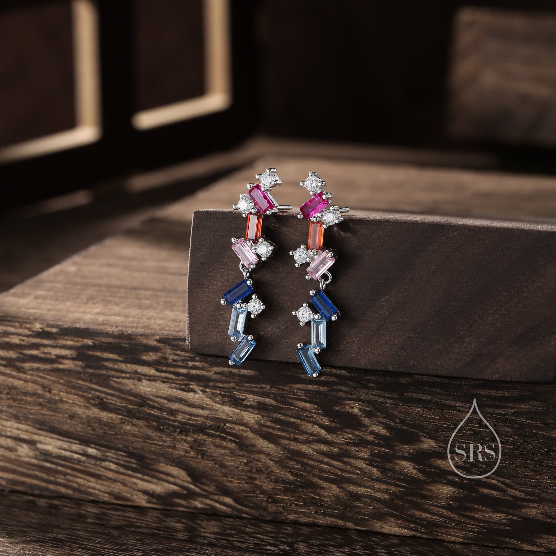 Sale! Rainbow CZ Cluster Stud Drop Earrings in Sterling Silver, Silver or Gold, Geometric Baguette Cluster Earrings, CZ Long Drop Earrings