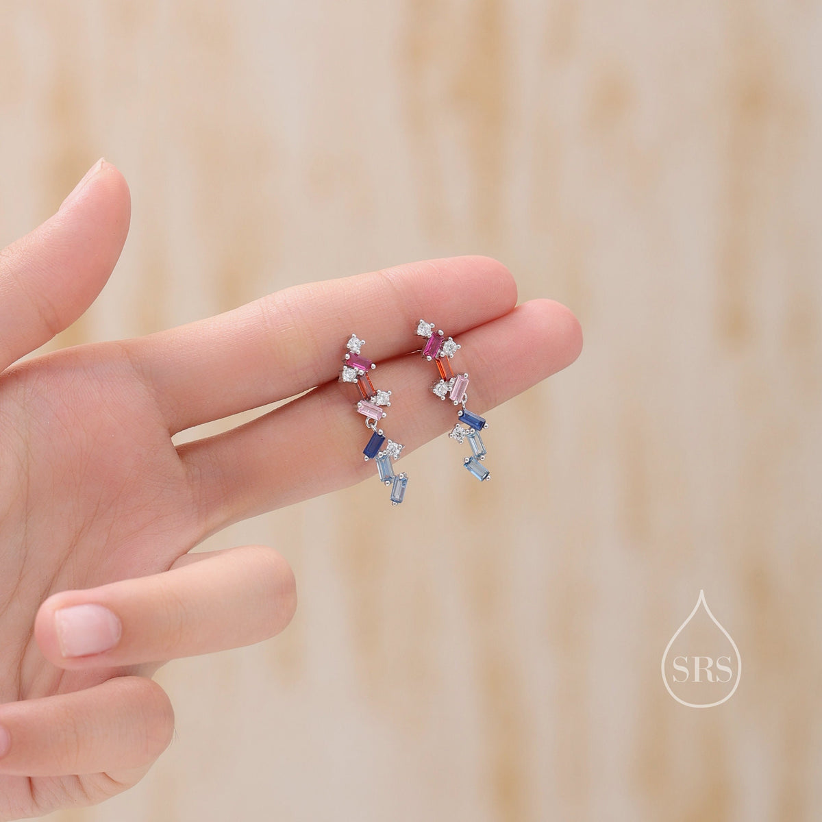 Sale! Rainbow CZ Cluster Stud Drop Earrings in Sterling Silver, Silver or Gold, Geometric Baguette Cluster Earrings, CZ Long Drop Earrings