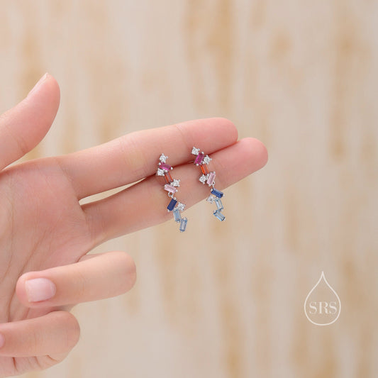 Sale! Rainbow CZ Cluster Stud Drop Earrings in Sterling Silver, Silver or Gold, Geometric Baguette Cluster Earrings, CZ Long Drop Earrings