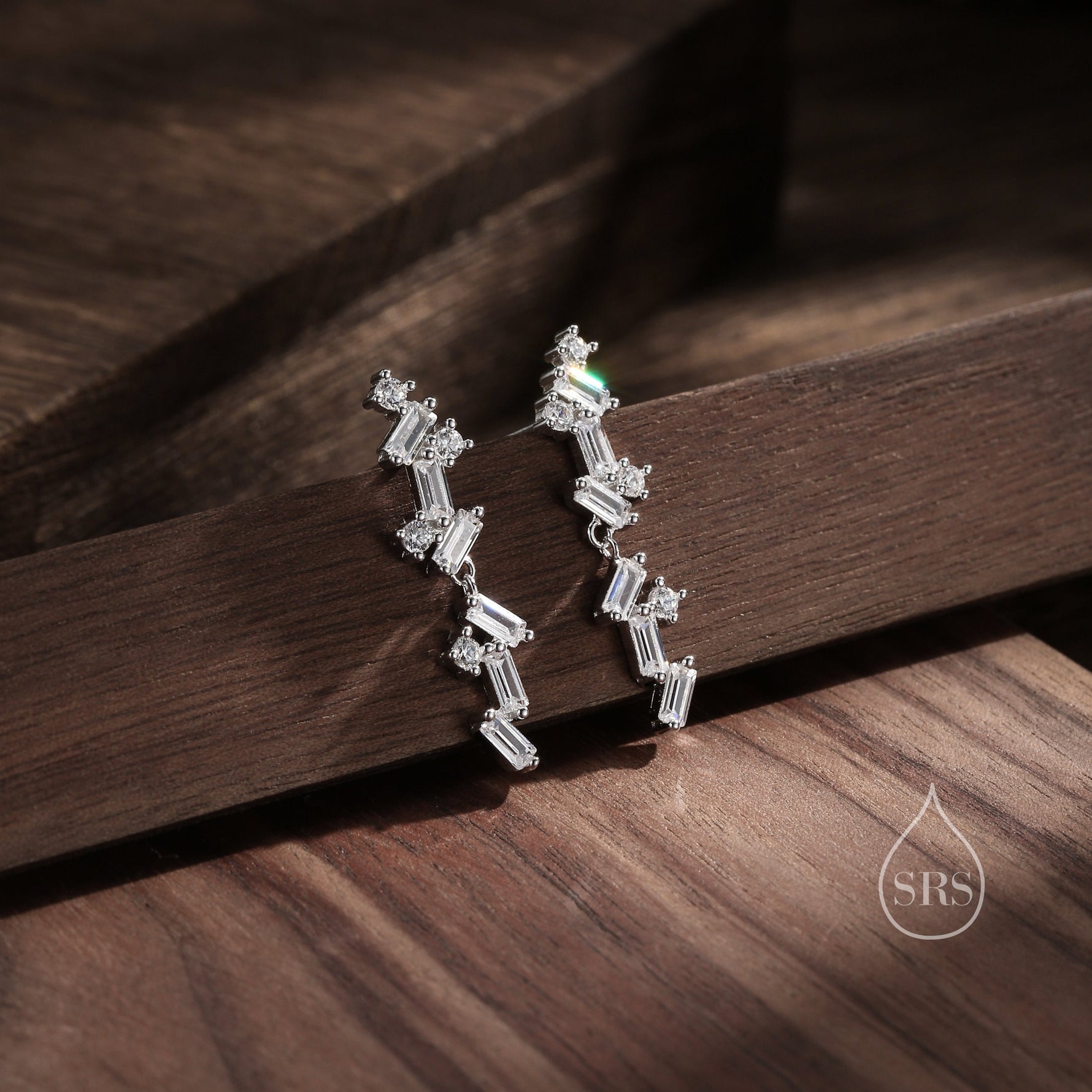 Clear CZ Cluster Stud Long Drop Earrings in Sterling Silver, Silver or Gold, Geometric Baguette Cluster Earrings, CZ Long Drop Earrings