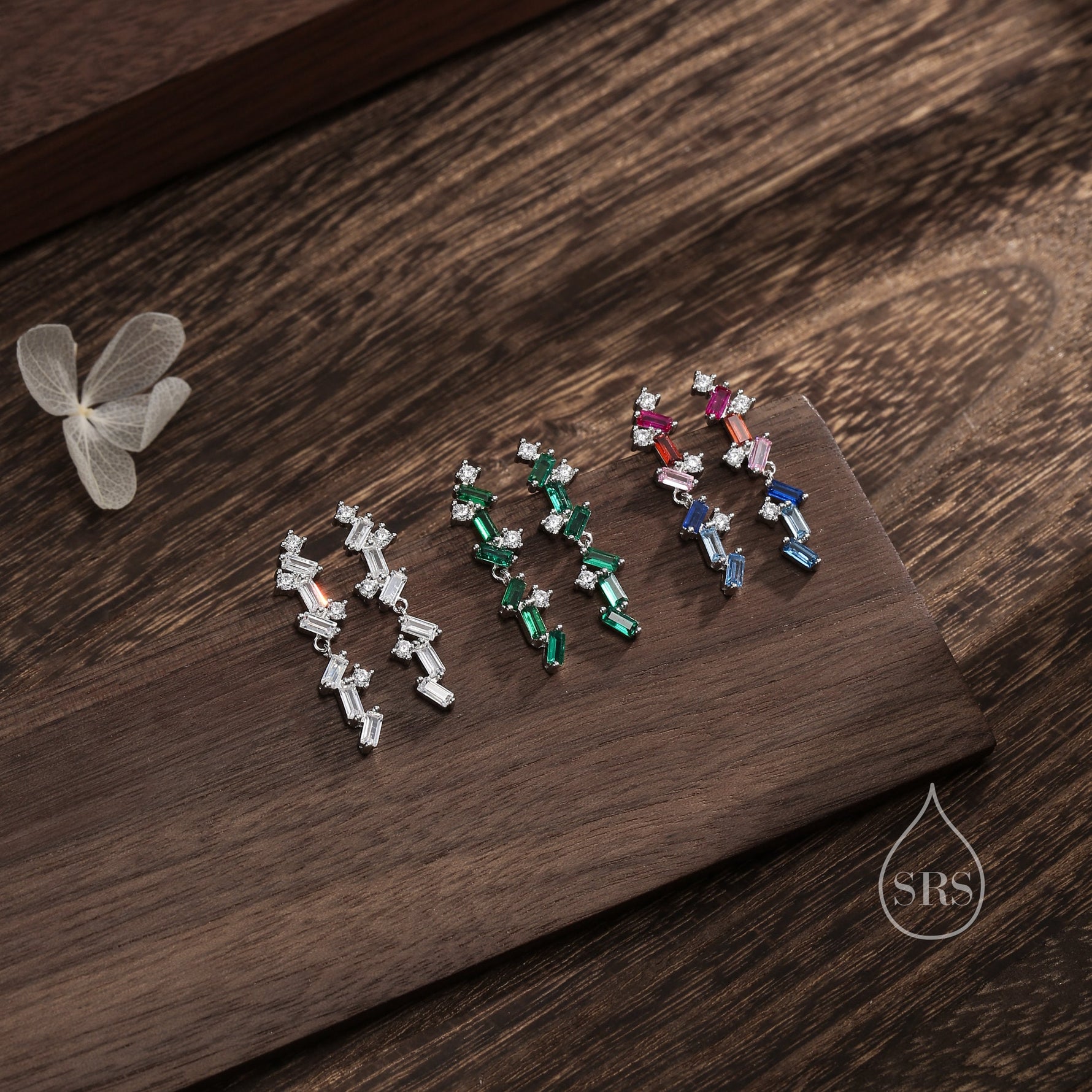 Sale! Emerald Green CZ Cluster Stud Long Drop Earrings in Sterling Silver, Silver or Gold, Geometric Baguette Cluster Earrings, CZ Drop Earrings