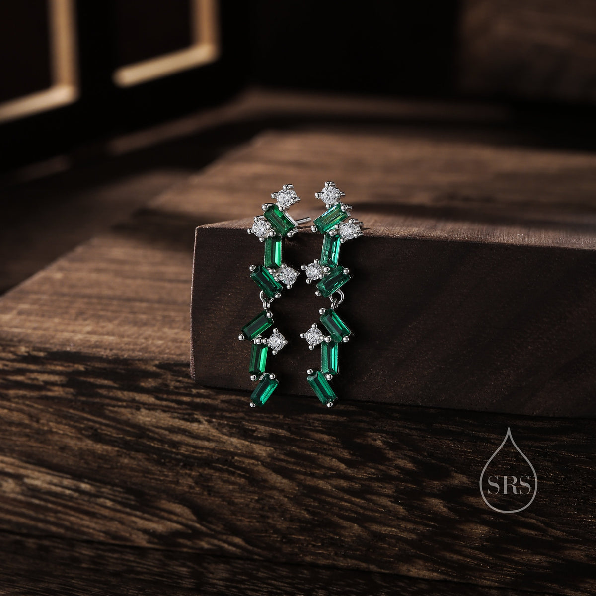 Sale! Emerald Green CZ Cluster Stud Long Drop Earrings in Sterling Silver, Silver or Gold, Geometric Baguette Cluster Earrings, CZ Drop Earrings