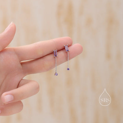 Sale! Baguette CZ Dangle Chain Stud Drop Earrings in Sterling Silver, Silver or Gold, Geometric Baguette Cluster Earrings, CZ Long Drop Earrings