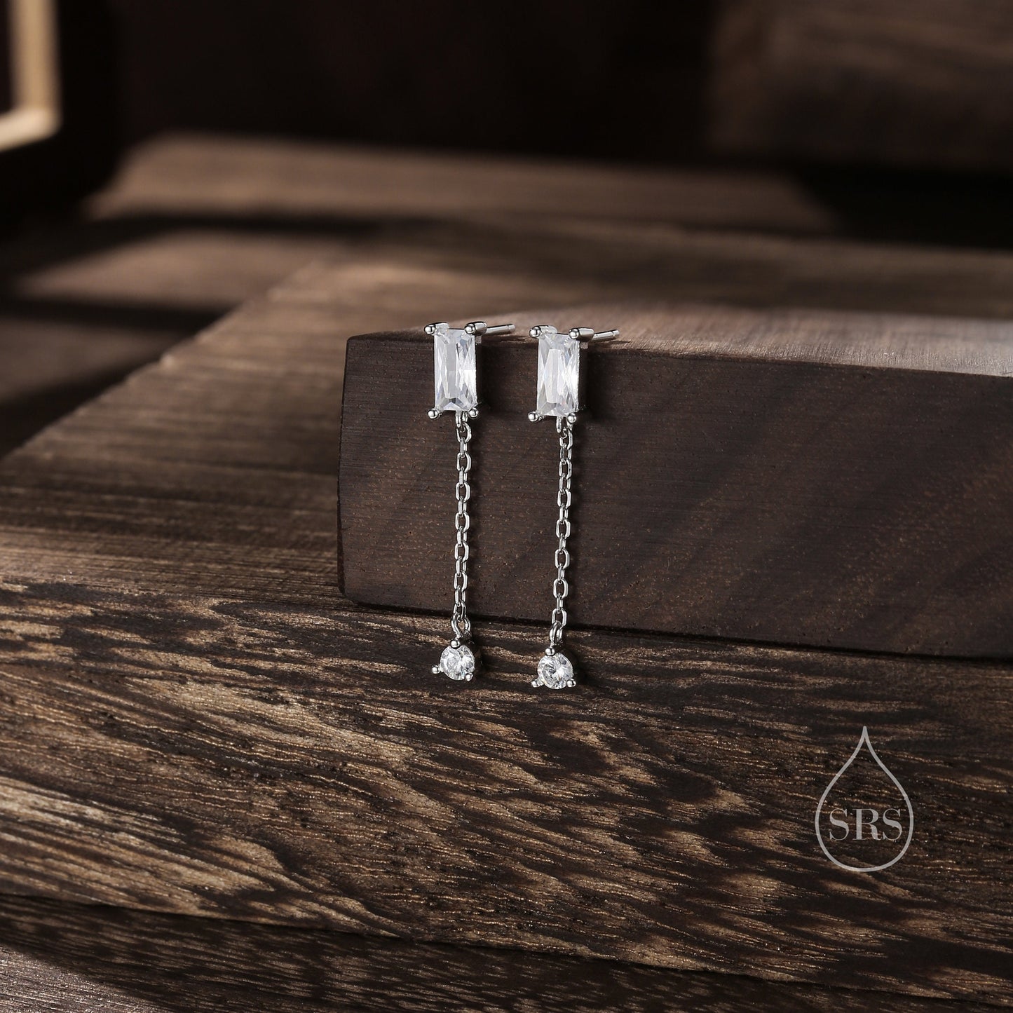 Sale! Baguette CZ Dangle Chain Stud Drop Earrings in Sterling Silver, Silver or Gold, Geometric Baguette Cluster Earrings, CZ Long Drop Earrings