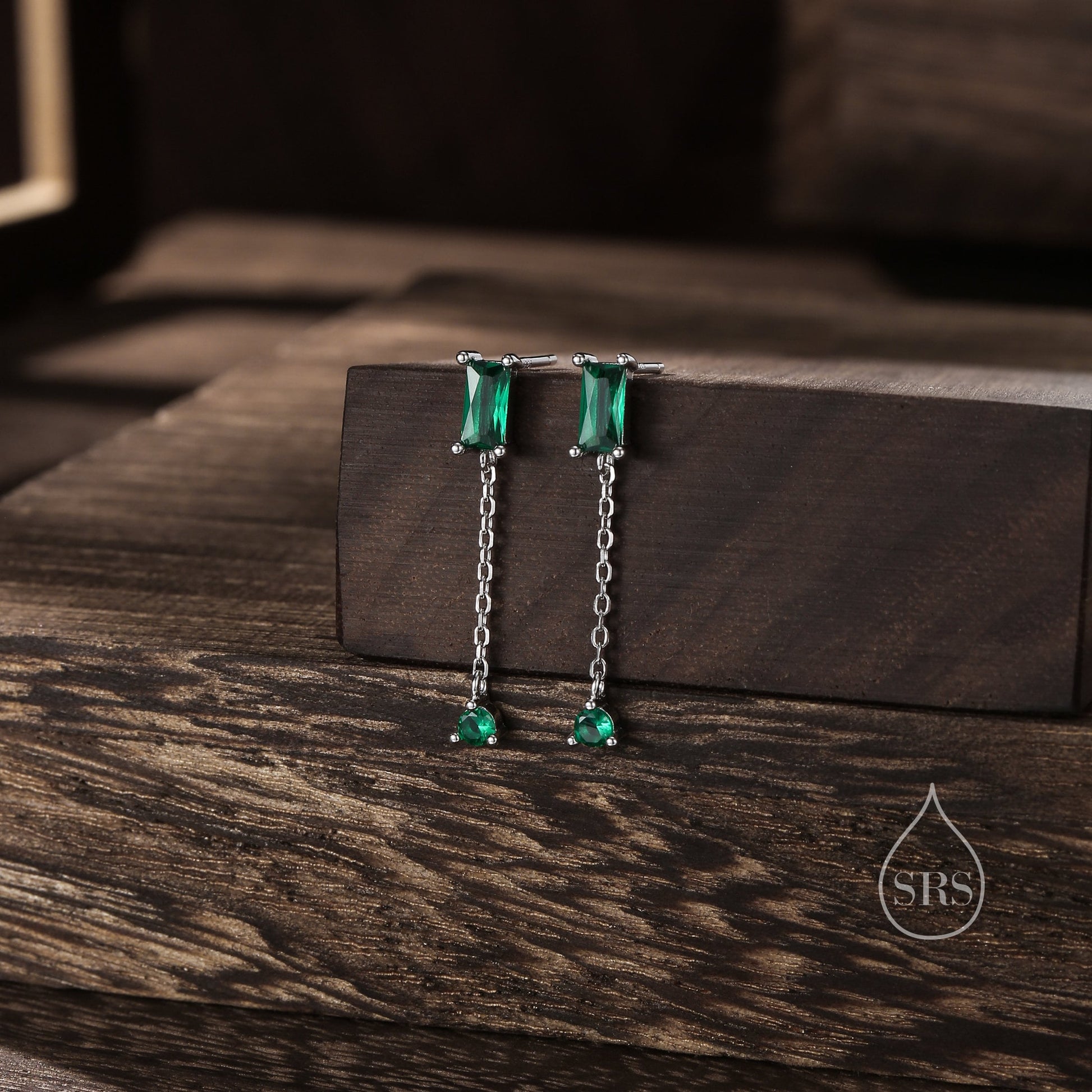 Sale! Baguette CZ Dangle Chain Stud Drop Earrings in Sterling Silver, Silver or Gold, Geometric Baguette Cluster Earrings, CZ Long Drop Earrings