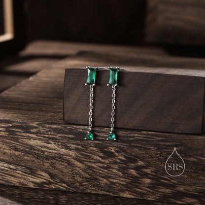 Sale! Baguette CZ Dangle Chain Stud Drop Earrings in Sterling Silver, Silver or Gold, Geometric Baguette Cluster Earrings, CZ Long Drop Earrings