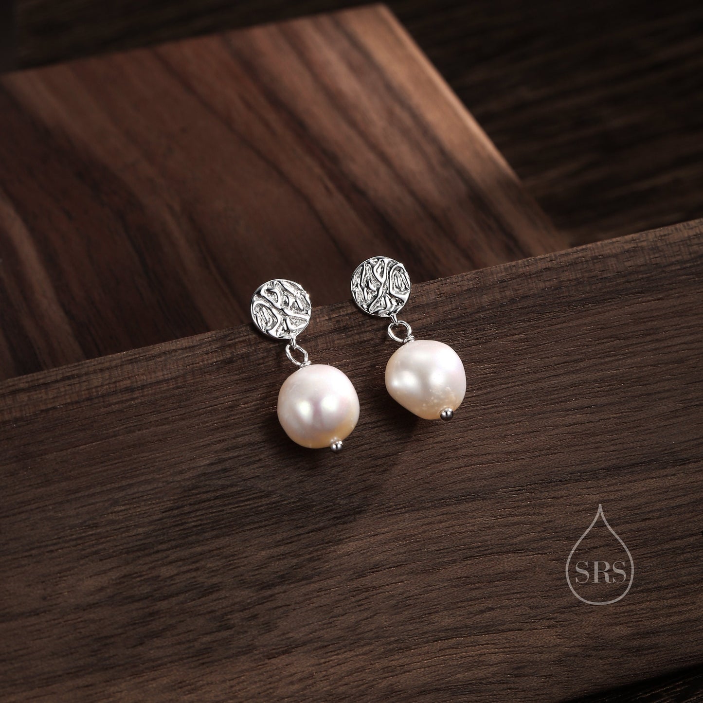 Genuine Freshwater Pearl and Textured Disks Drop Earrings in Sterling Silver, Silver or Gold, Delicate Keshi Pearl Earrings, Genuine Pearls