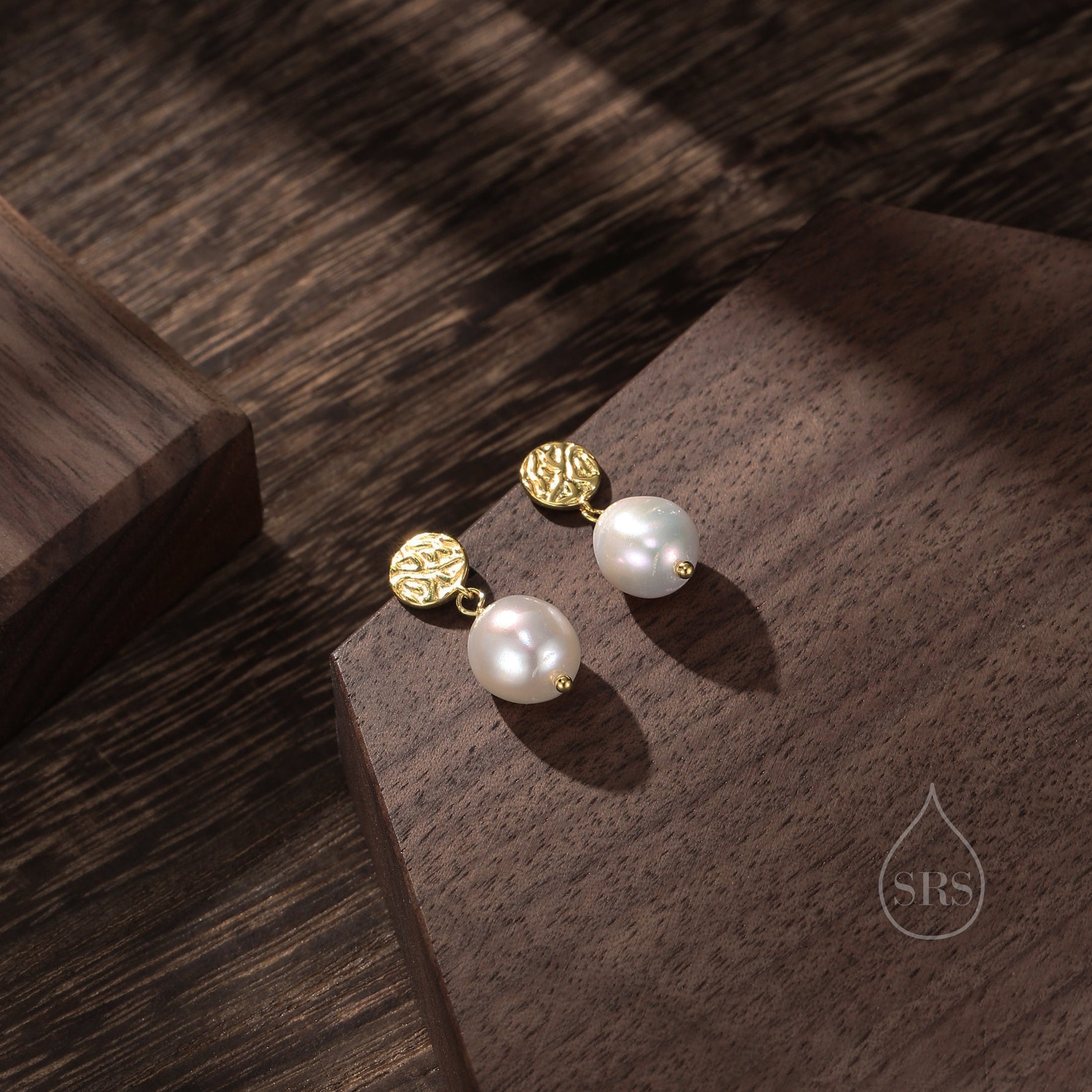 Sale! Genuine Freshwater Pearl and Textured Disks Drop Earrings in Sterling Silver, Silver or Gold, Delicate Keshi Pearl Earrings, Genuine Pearls