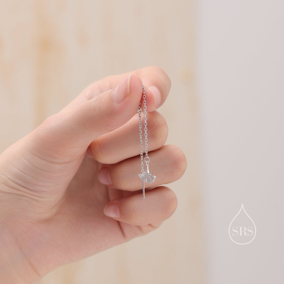 Delicate Ginkgo Leaf Threader Earrings in Sterling Silver, Silver or Gold or Rose Gold, Leaf Earrings, Ginkgo Long Threaders
