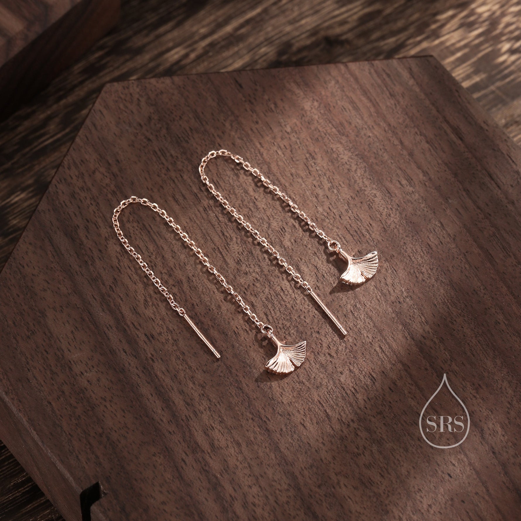 Delicate Ginkgo Leaf Threader Earrings in Sterling Silver, Silver or Gold or Rose Gold, Leaf Earrings, Ginkgo Long Threaders
