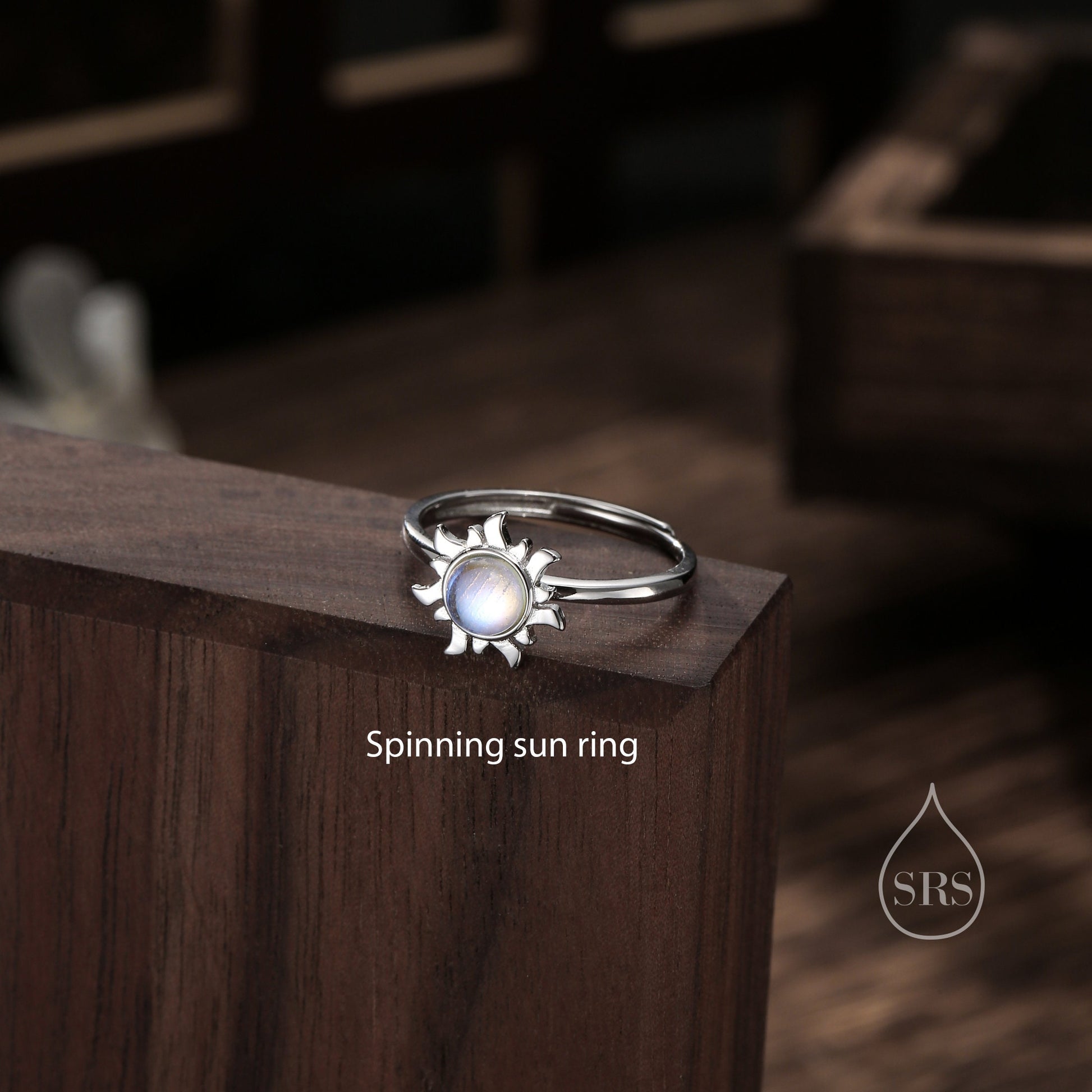Sterling Silver Rotatable Moonstone Sun Ring, Fidget Ring