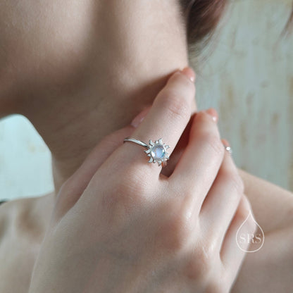 Sterling Silver Rotatable Moonstone Sun Ring, Fidget Ring, Adjustable Size Sun Ring, Rotatable Ring, Dainty and Delicate