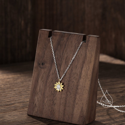 Sterling Silver Tiny Little Sunflower Pendant Necklace, Delicate Flower Necklace, Sunflower Necklace, Two Tone Flower Pendant Necklace