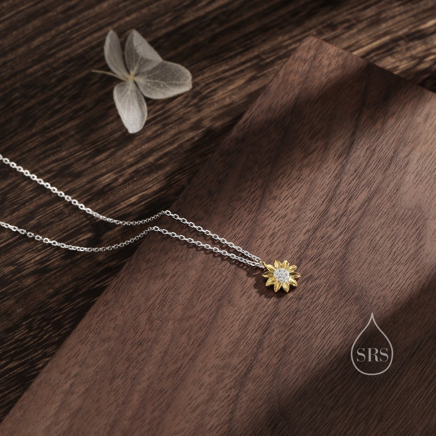 Sterling Silver Tiny Little Sunflower Pendant Necklace, Delicate Flower Necklace, Sunflower Necklace, Two Tone Flower Pendant Necklace