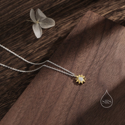 Sterling Silver Tiny Little Sunflower Pendant Necklace, Delicate Flower Necklace, Sunflower Necklace, Two Tone Flower Pendant Necklace