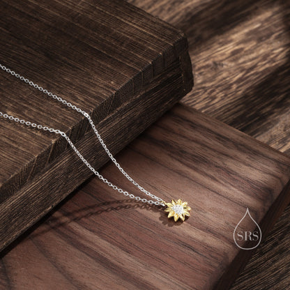 Sterling Silver Tiny Little Sunflower Pendant Necklace, Delicate Flower Necklace, Sunflower Necklace, Two Tone Flower Pendant Necklace