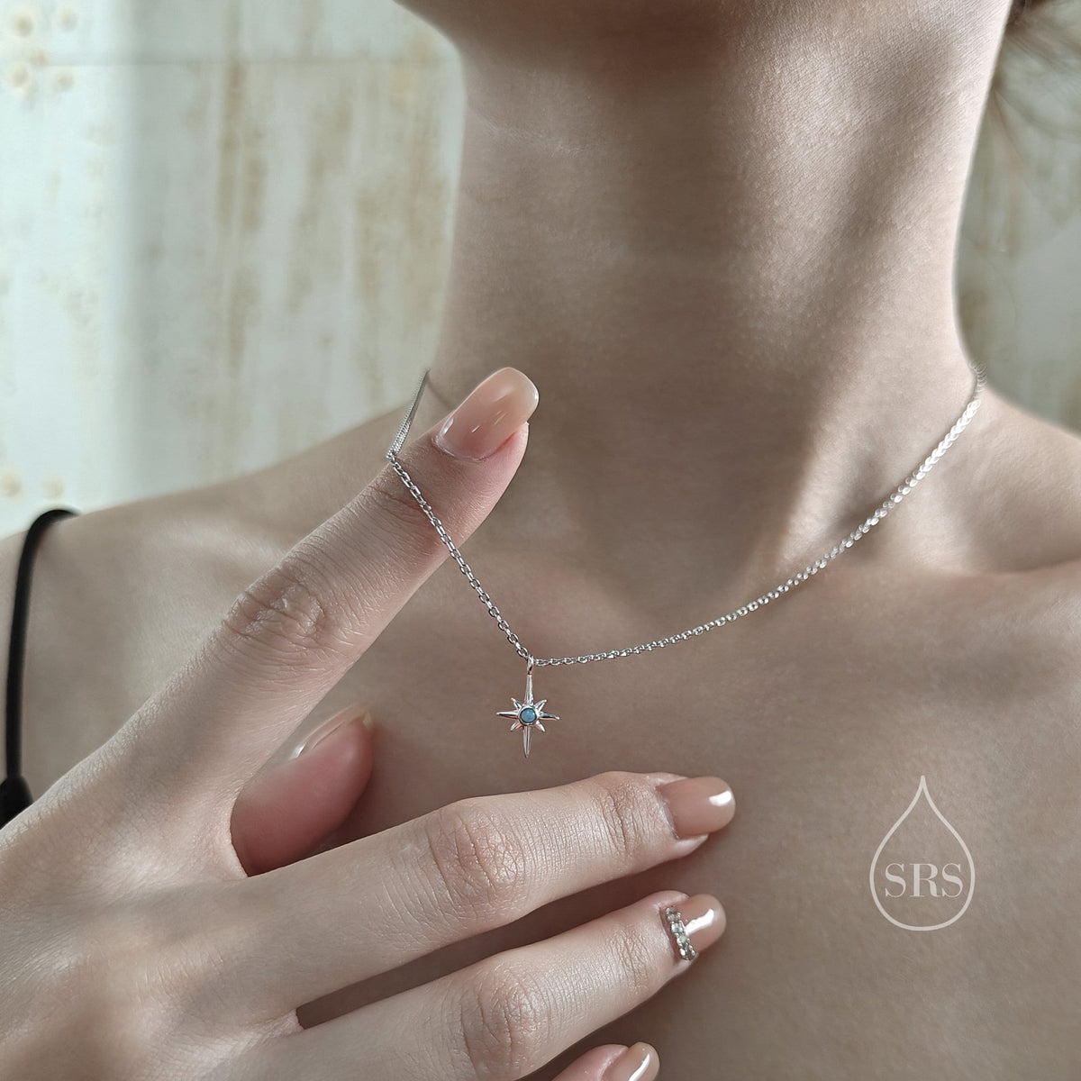 Tiny North Star Pendant Necklace in Sterling Silver with Blue Opal, Silver or Gold or Rose Gold, Starburst Necklace, Tiny Opal Star Necklace